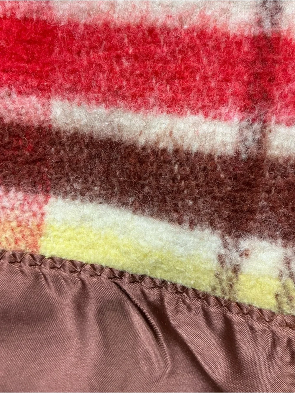 Vintage plaid brown/yellow/red wool blanket W/satin binding 70 x 82